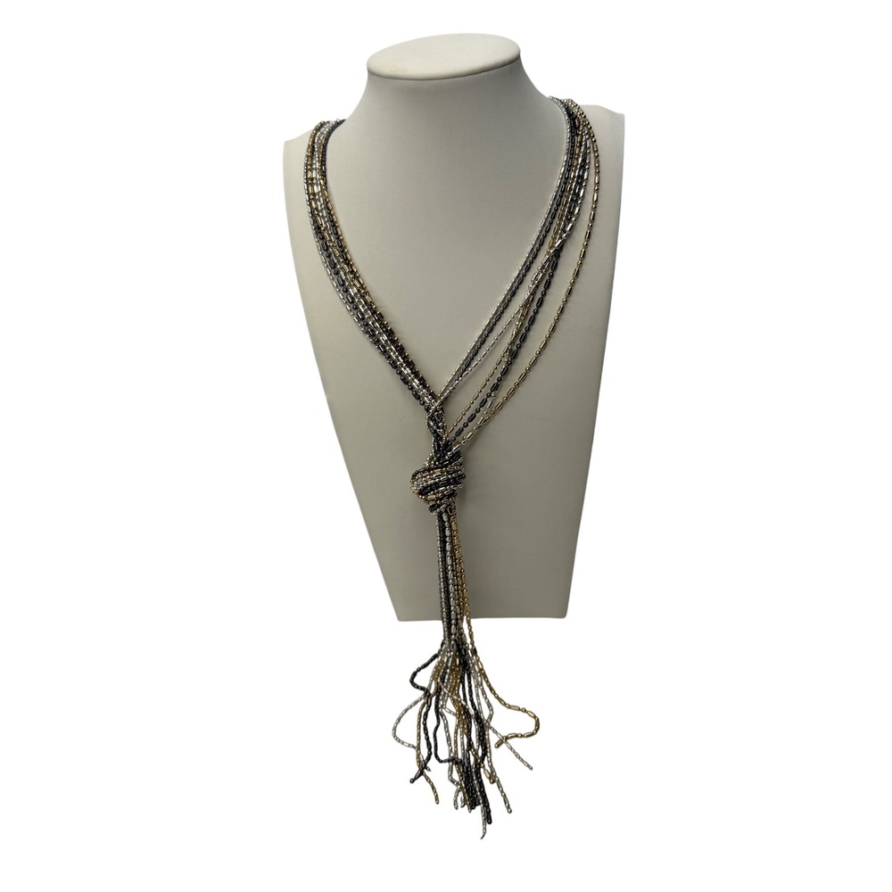 Tri-Tone Multi-Strand Lariat Tassel Necklace Silver‎ Gold Gunmetal Knot Boho Y2K